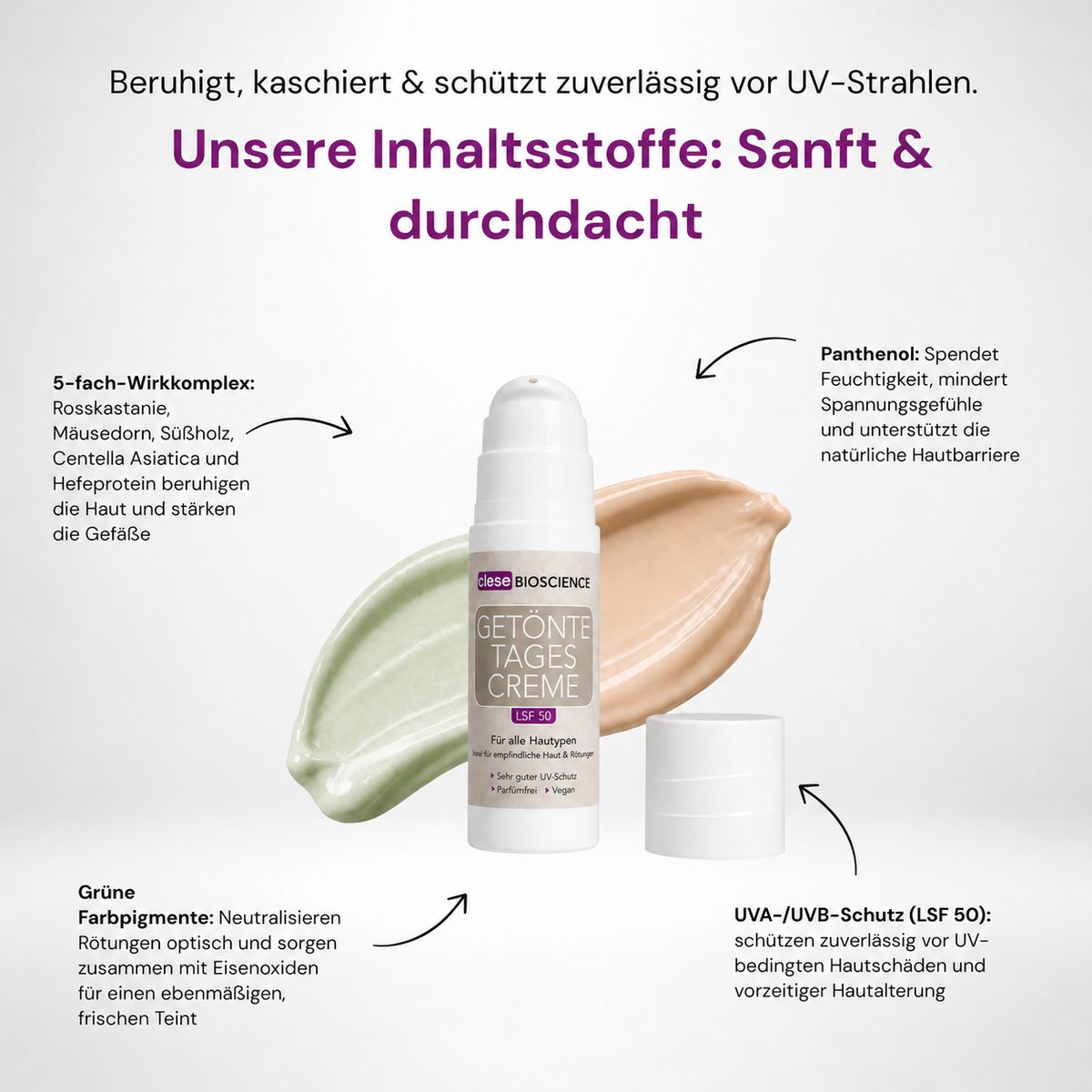 Getönte Tagescreme LSF 50 mit Panthenol zur Unterstützung der natürlichen Hautbarriere