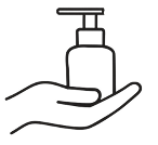 Ein einfacher schwarzer Umriss einer Hand, die eine Pumpflasche hält, die üblicherweise für Seife oder Desinfektionsmittel verwendet wird, vor einem weißen Hintergrund.