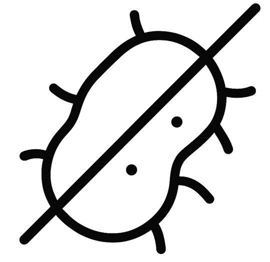 Ein schwarzer Umriss eines Bakteriums mit einer diagonalen Linie, die es durchquert, symbolisiert das Konzept der antibakteriellen oder keimfreien Wirkung.